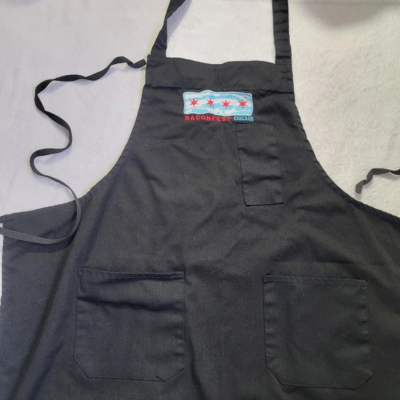 Chefwear Baconfest Chicago Black Tie Over Head Apron Embroidered Logo 3 Pockets - Picture 6 of 8